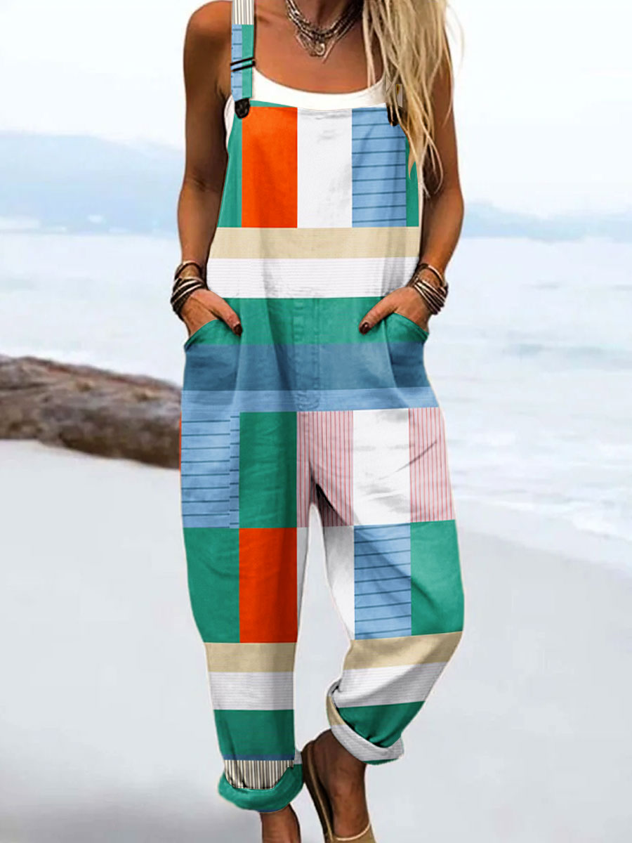 Women's Vintage Abstract Geometric Line Art Print Casual 100% Cotton Wide Leg Jumpsuit