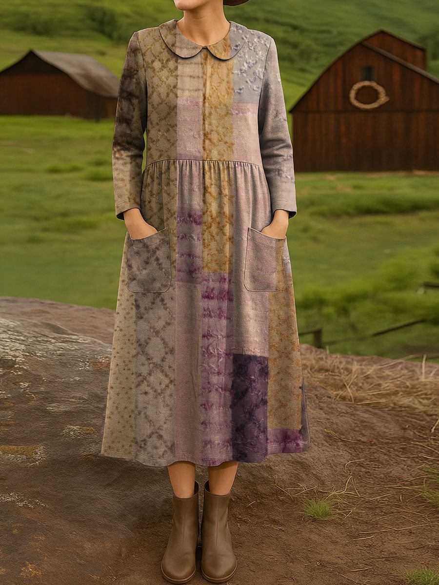 Women's Artistic Patchwork Vintage Print Cotton Lapel Button-Down Shirt Dress