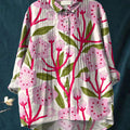 Women's Cherry Blossoms Print Casual Cotton And Linen Ruffle Shirt