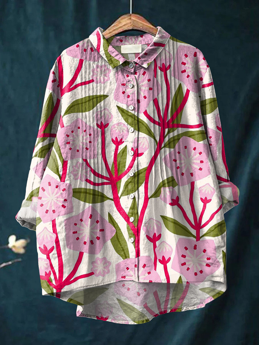 Women's Cherry Blossoms Print Casual Cotton And Linen Ruffle Shirt