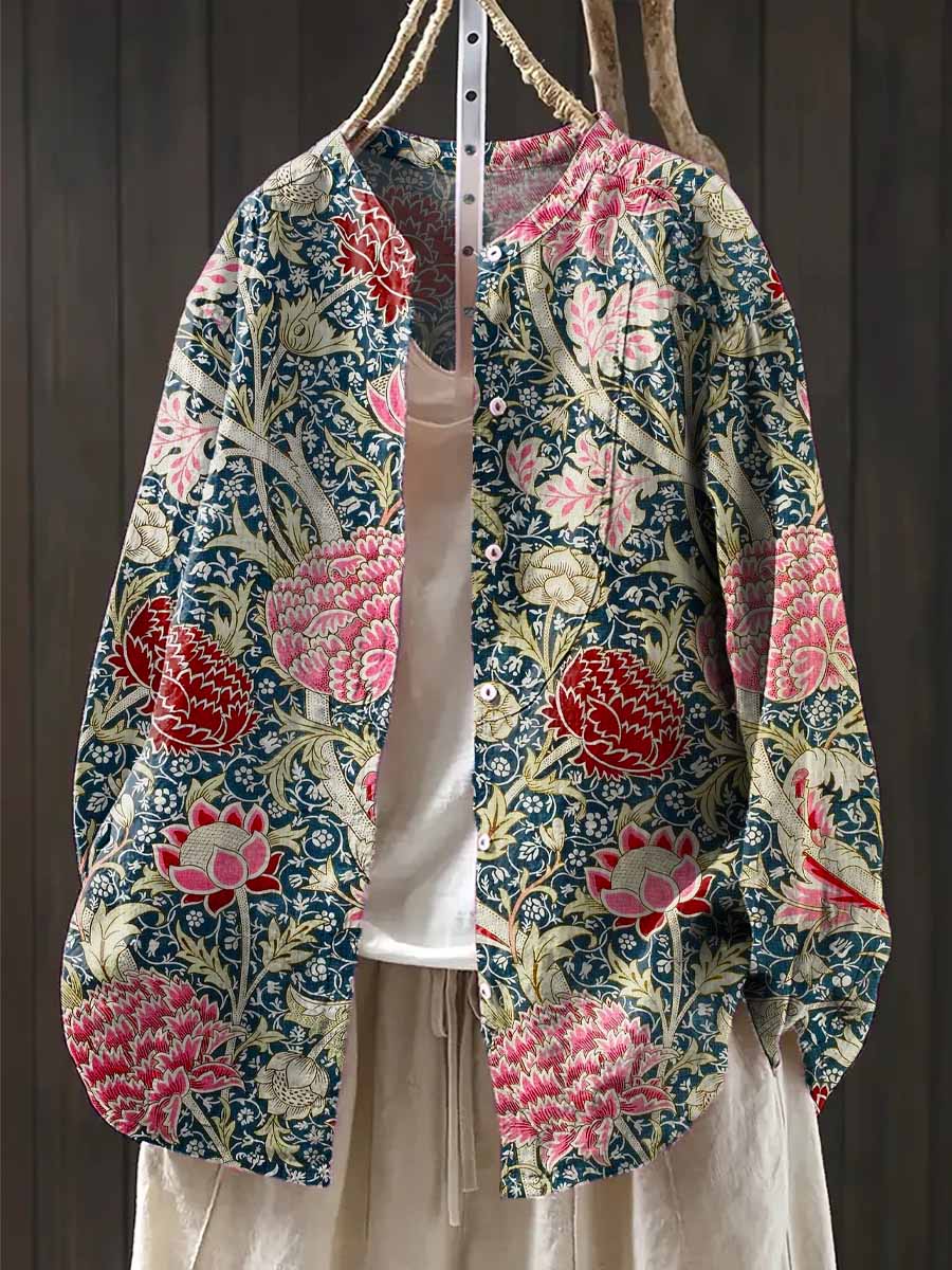 Women's Vintage Floral Art Print Casual Cotton And Linen Shirt
