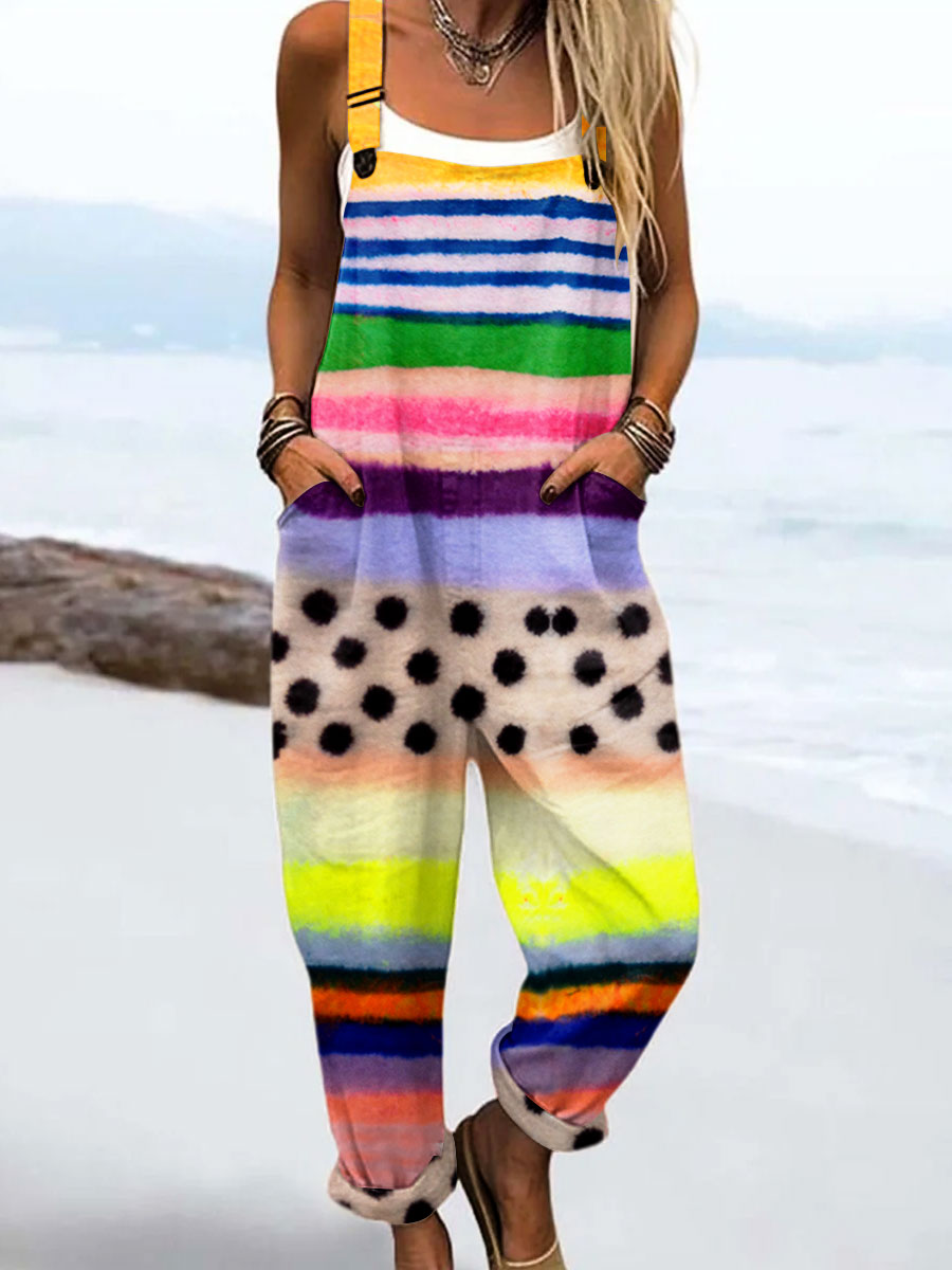 Women's Vintage Abstract Geometric Line Art Print Casual 100% Cotton Wide Leg Jumpsuit