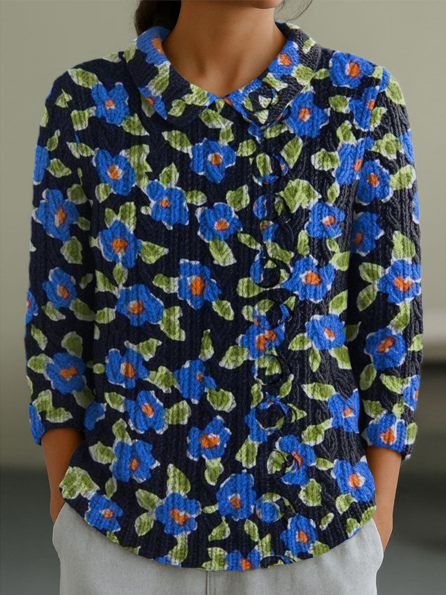 womens-vintage-floral-flower-art-print-casual-peter-pan-collar-3-4-sleeve-sweater-bpxz