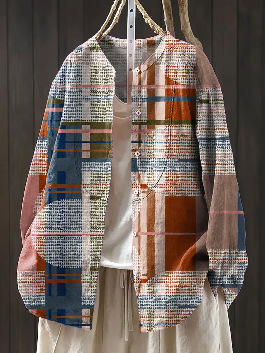 Women's Vintage  Abstract Geometry Art Print Casual Cotton And Linen Shirt