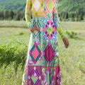 Women's Beautiful Colorful Ethnic Rhombus Geometric Art Print Long-sleeved V-neck Dress