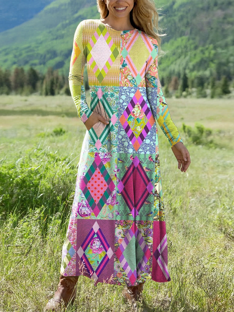 Women's Beautiful Colorful Ethnic Rhombus Geometric Art Print Long-sleeved V-neck Dress