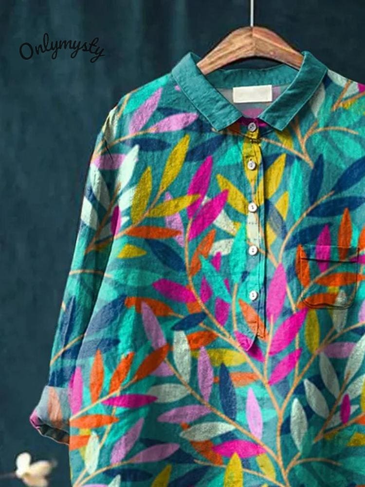 Leaves Art Printed Women's Casual Cotton And Linen Shirt