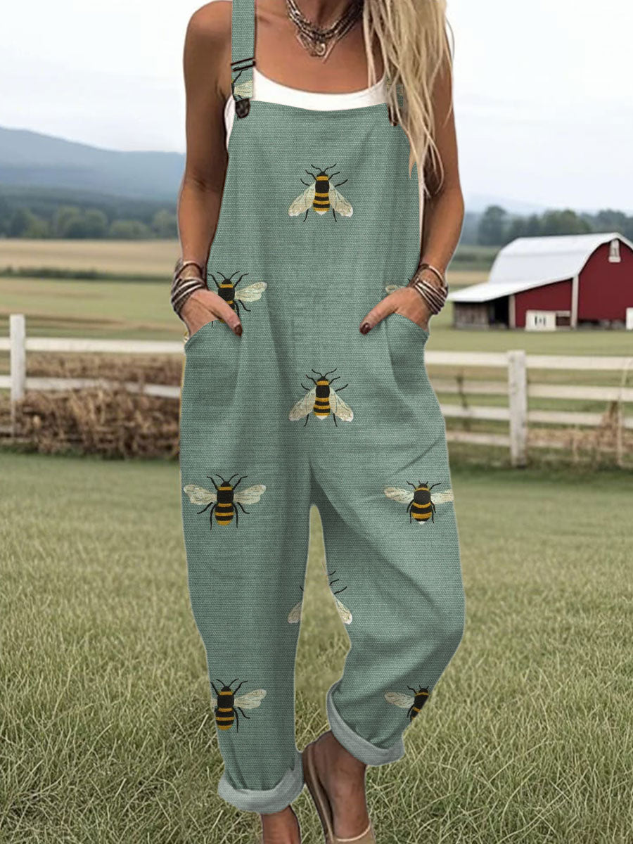 Women's  Funny Bee Art Print Casual 100% Cotton Wide Leg Jumpsuit