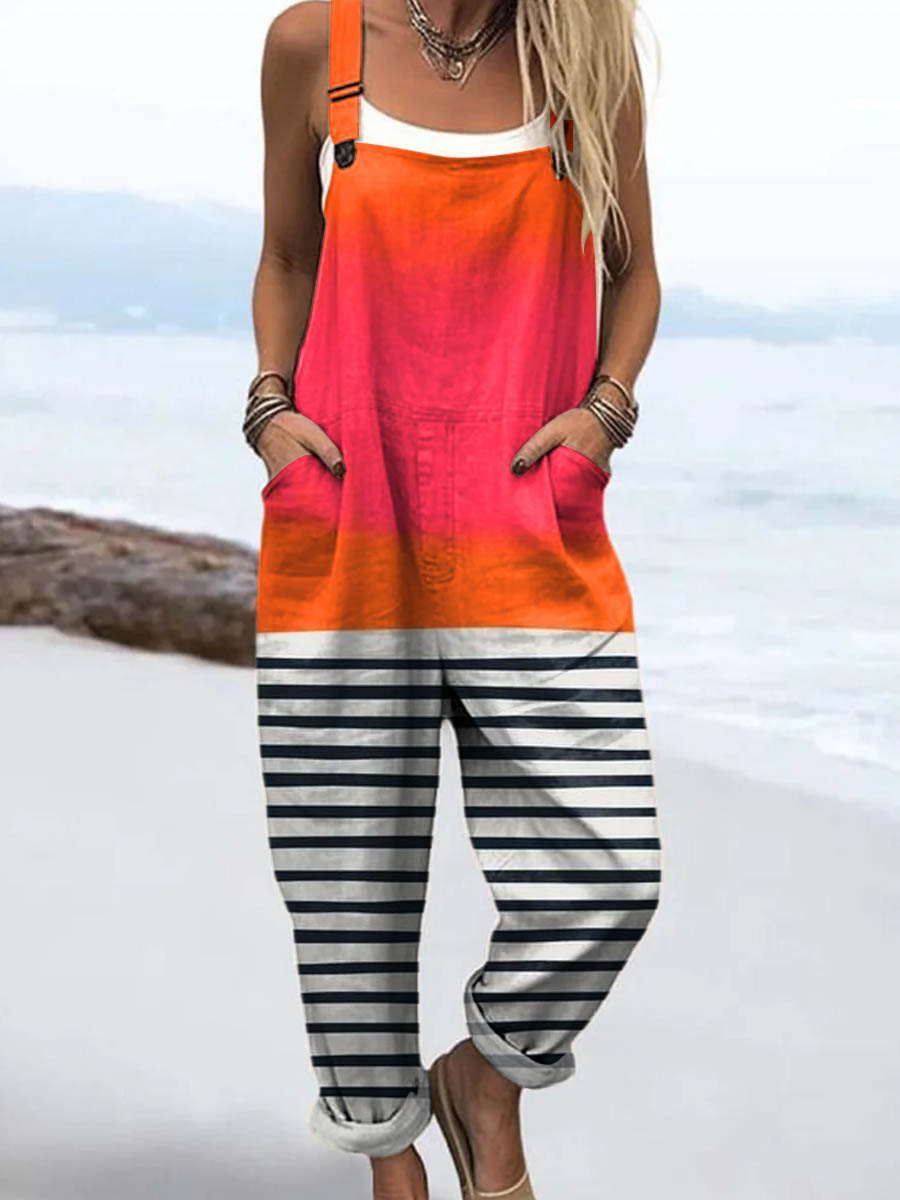 Women's Geometric Line Pattern Art Print Casual 100% Cotton Wide Leg Jumpsuit