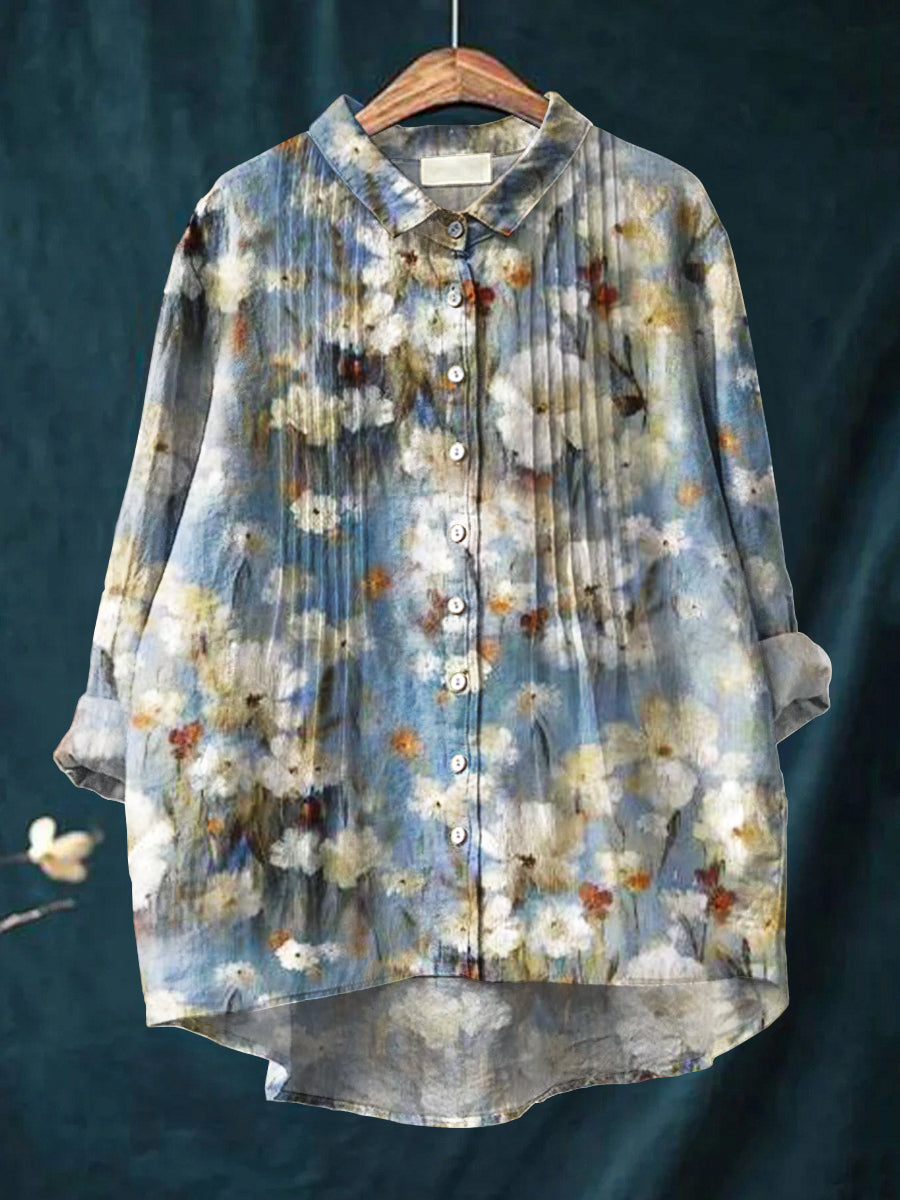 Women's Beautiful Floral Painting Art Print Casual Cotton And Linen Ruffle Shirt