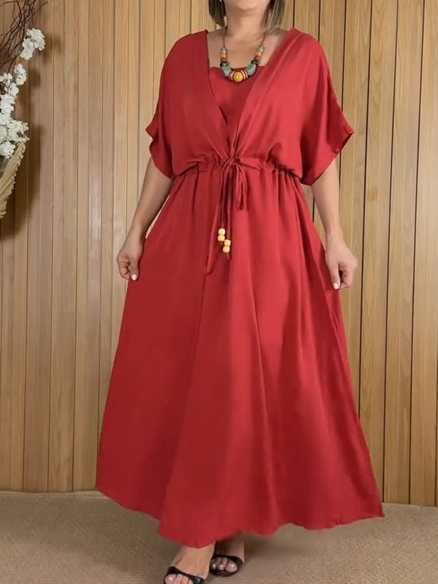 Women's V-Neck Cotton And Linen Dress