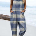 Women's Vintage Plaid Pattern Art Print Casual 100% Cotton Wide Leg Jumpsuit