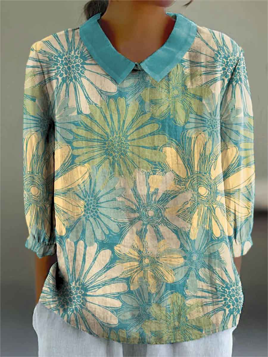 Women's Flowers Print Casual Cotton And Linen 3/4 Sleeve Shirt