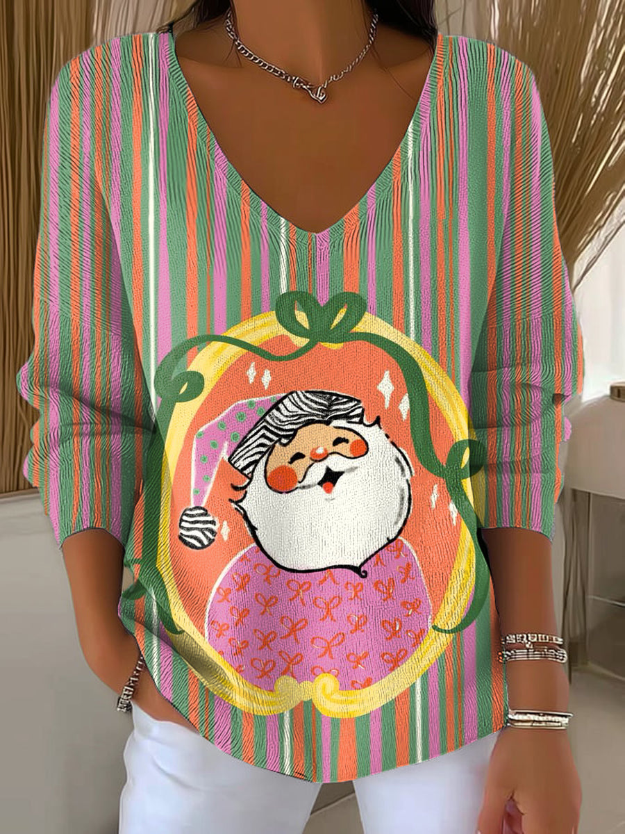 Women's Cute Santa Claus Illustration Art Print Casual Pullover Sweater