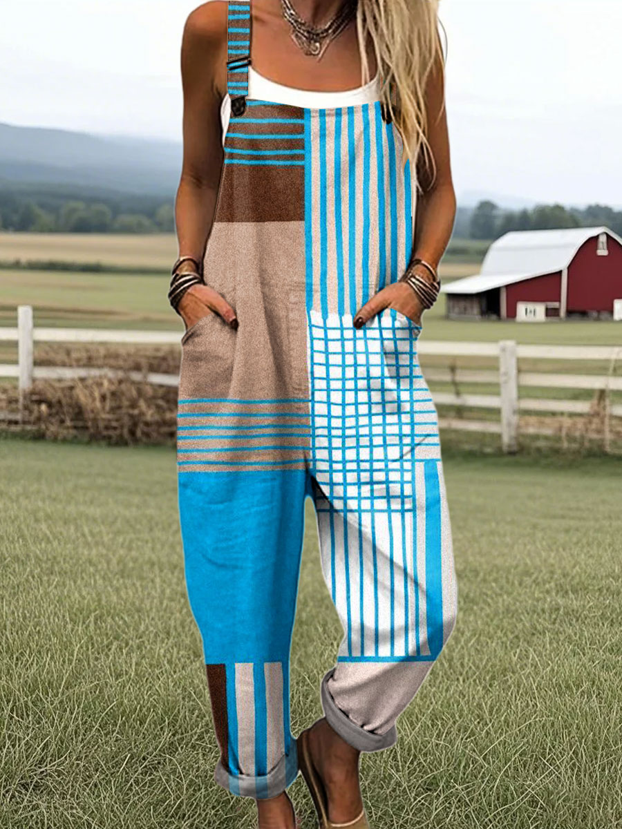 Women's Fashion Color Block Line Art Print Casual 100% Cotton Wide Leg Jumpsuit