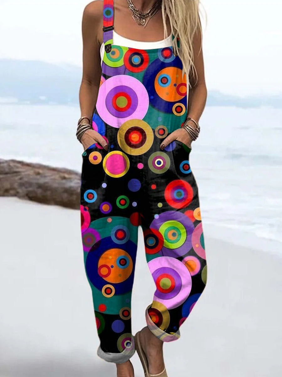 Women's Bright Colorful Circle Painting Art Print Casual 100% Cotton Wide Leg Jumpsuit