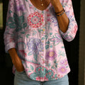 Women's Flower Art Print Linen Cotton Shirt