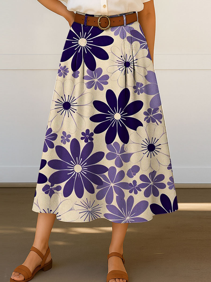 Women's Retro Floral Flowers Print High Waist Casual A-Line Skirt