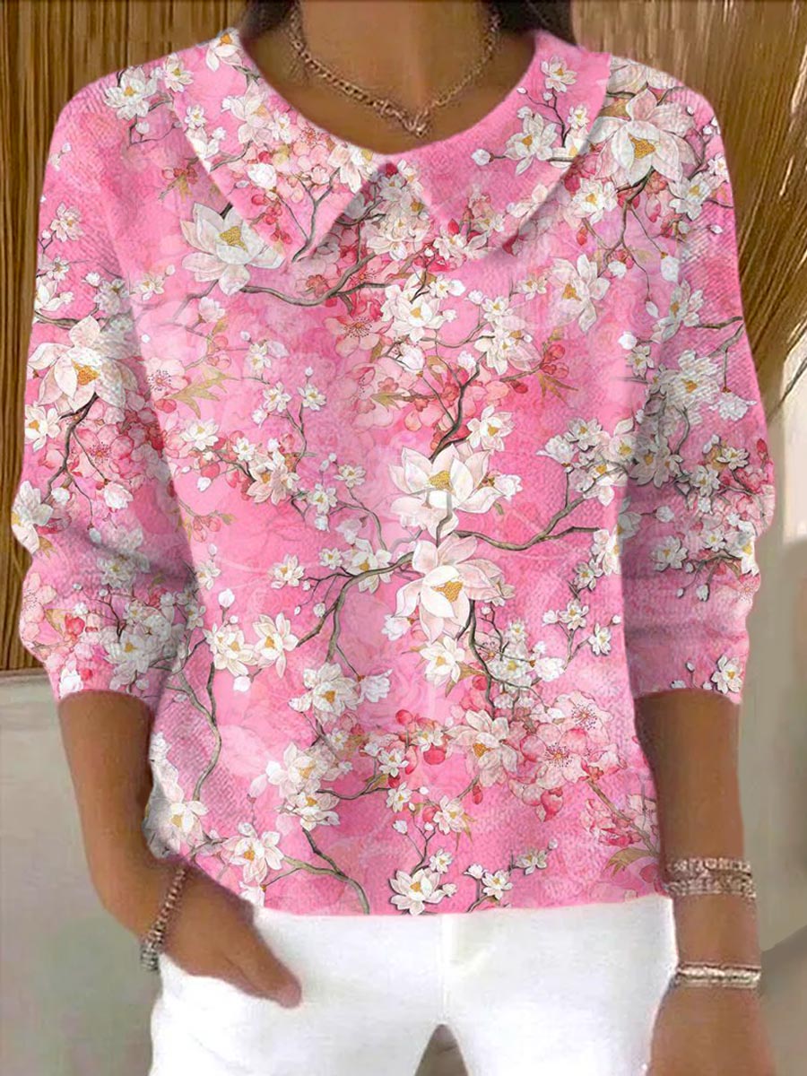 womens-floral-art-print-casual-peter-pan-collar-3-4-sleeve-sweater