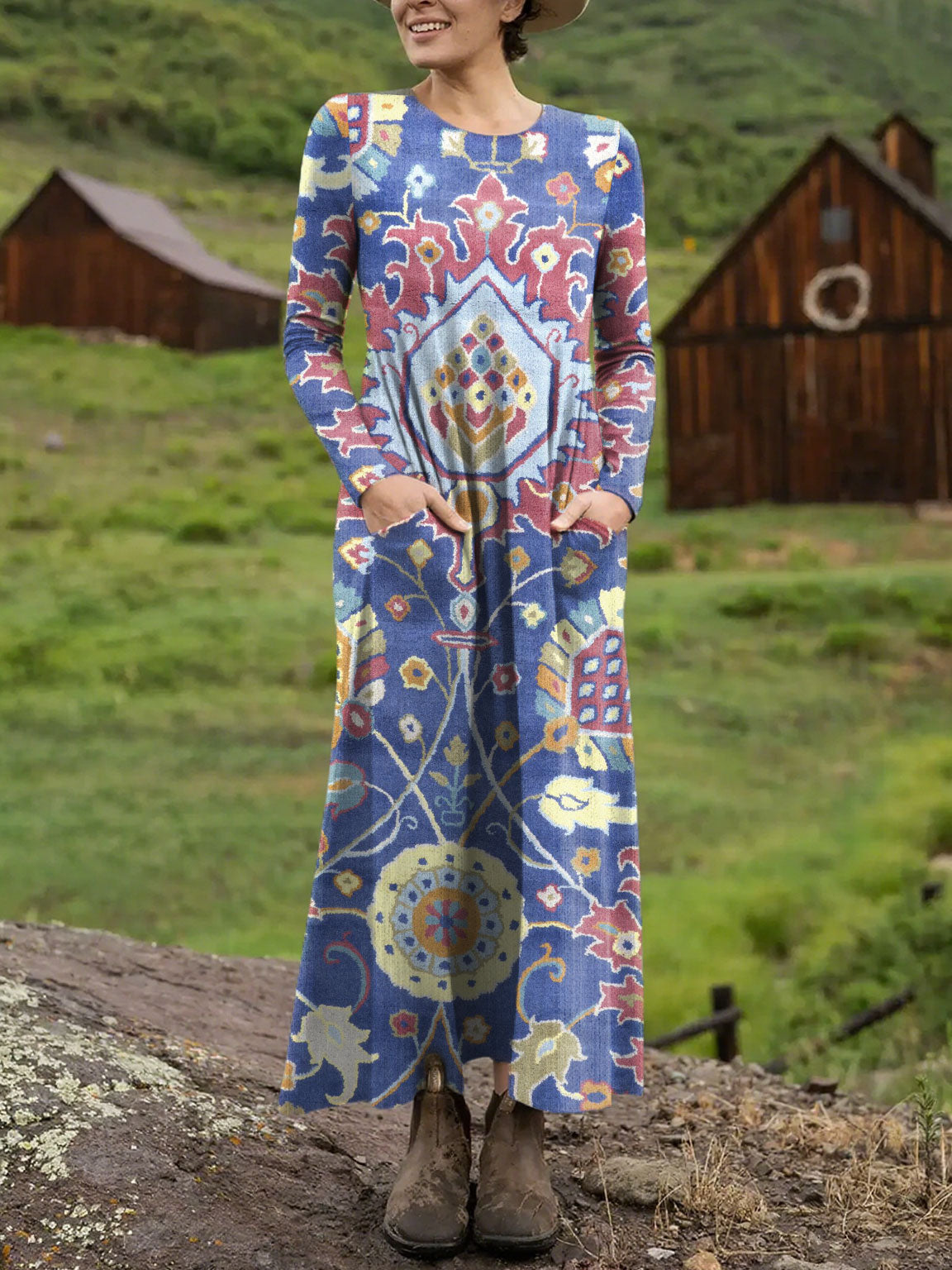 Women's Vintage Flower Art Print Long-sleeved Dress