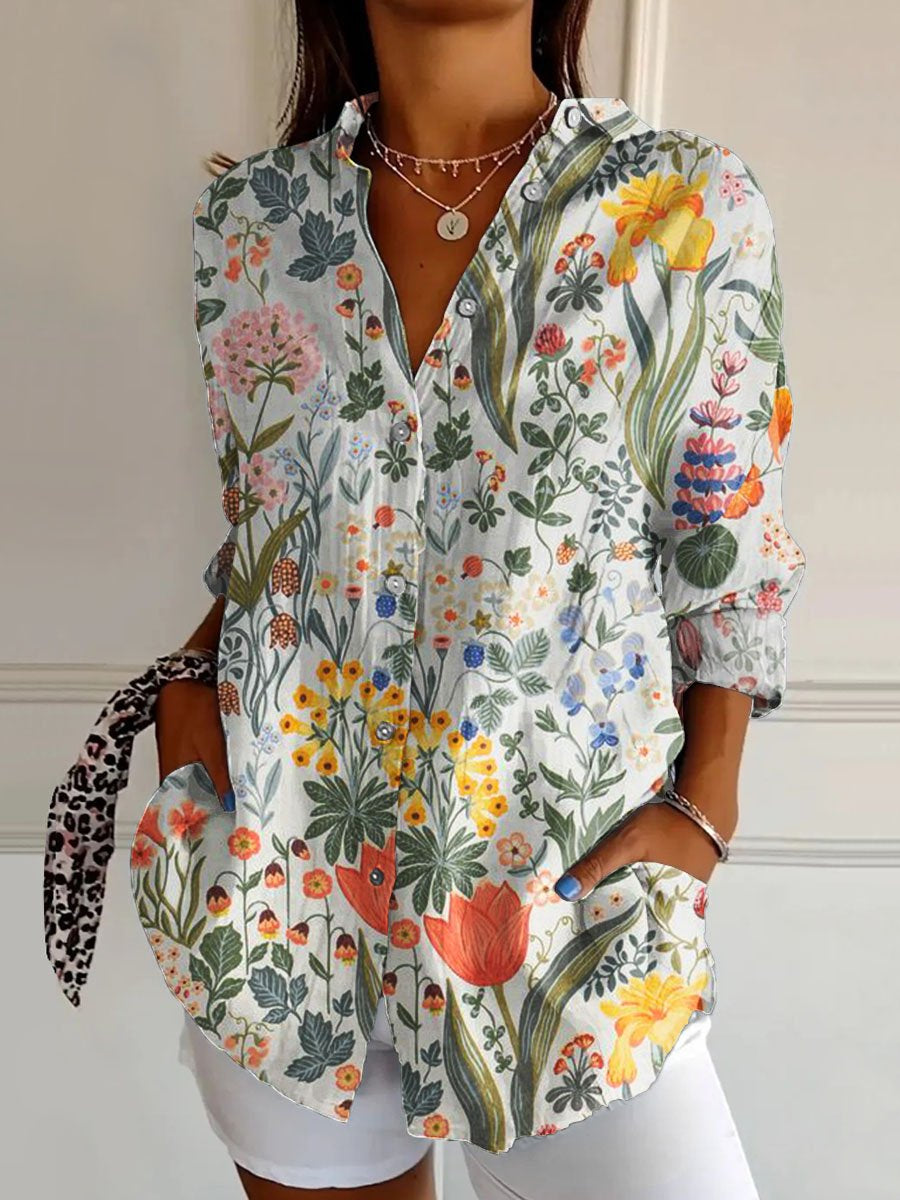 Women's  Floral Art  Print Casual Cotton Shirt