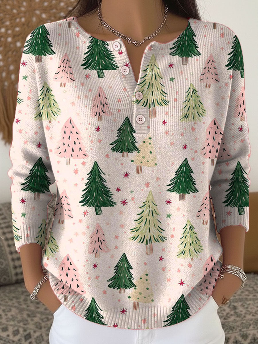 Women's Christmas Tree Art Print Buttoned Cardigan Sweater