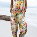Women's Vintage Flowers Art Print Casual 100% Cotton Wide Leg Jumpsuit