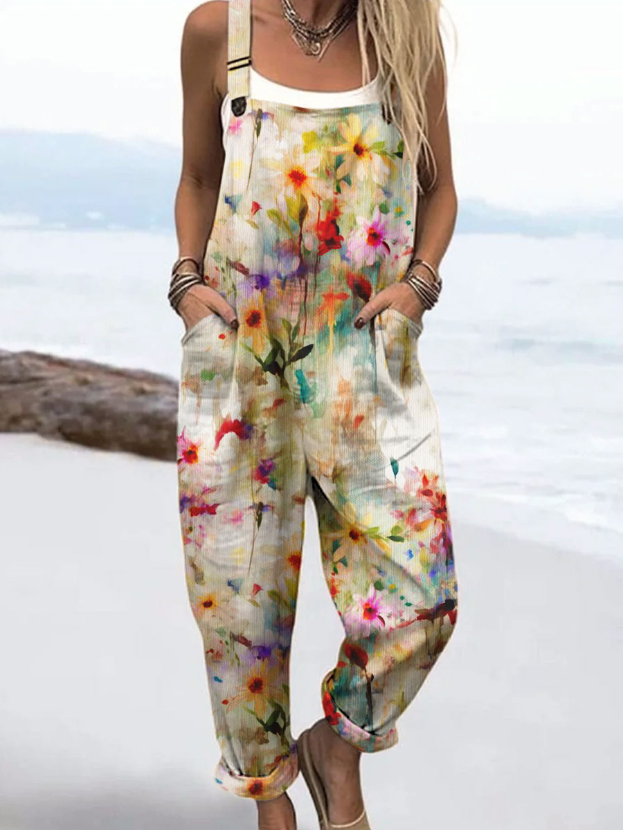 Women's Vintage Flowers Art Print Casual 100% Cotton Wide Leg Jumpsuit
