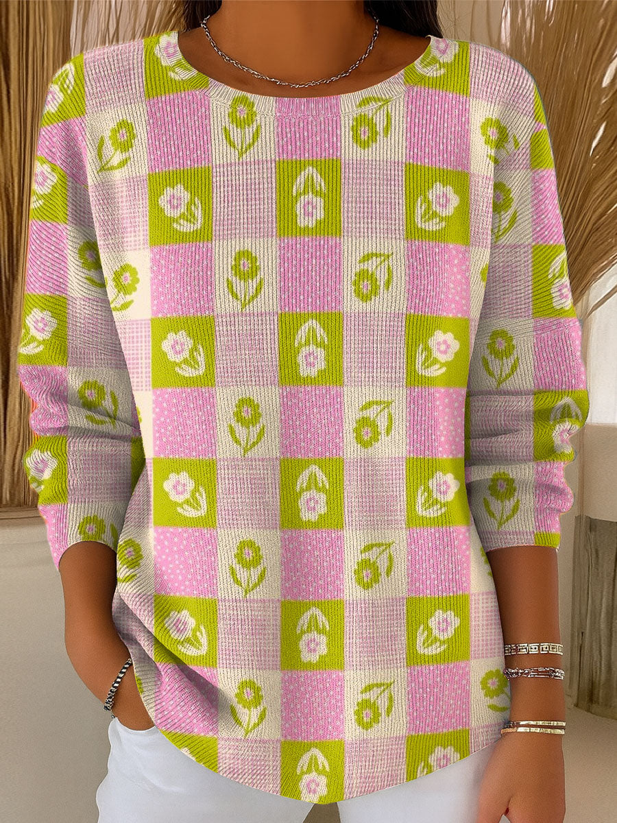 Women's Plaid Polka Dot Flowers Pattern Casual Pullover Sweater