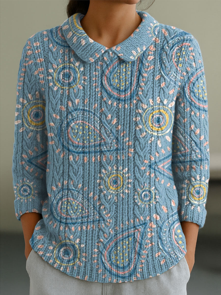 womens-blue-sun-print-casual-peter-pan-collar-3-4-sleeve-sweater
