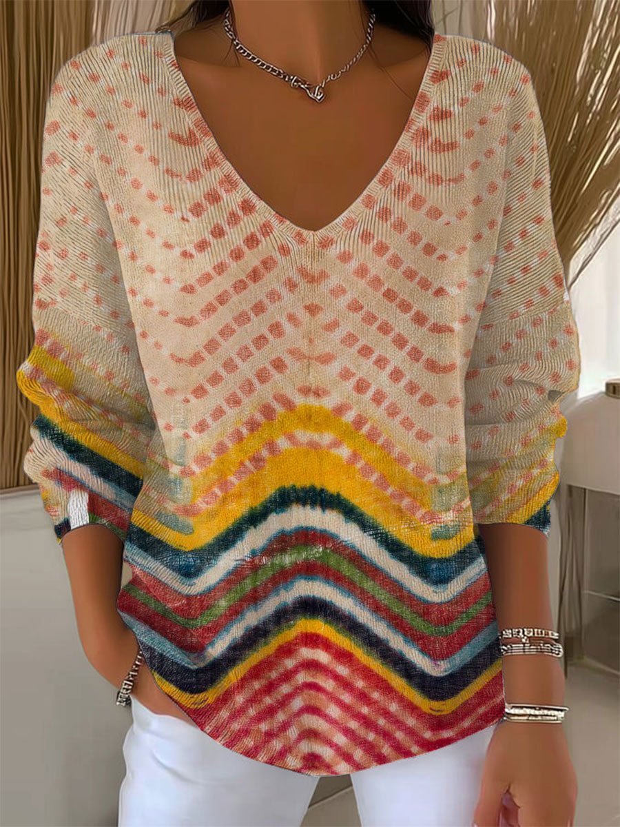 Women's  Vintage Stripe Art Print Casual Pullover Sweater