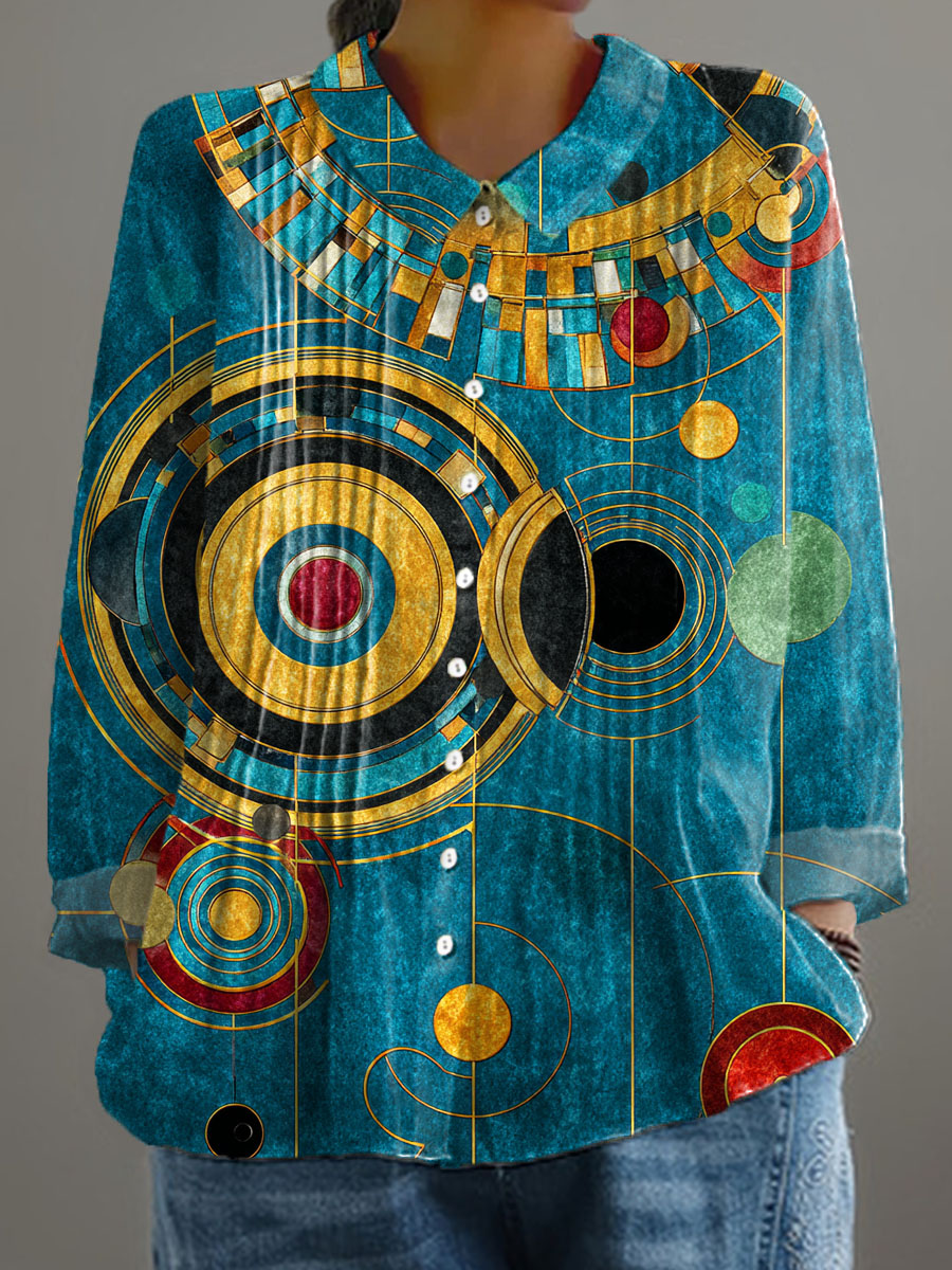 Women's Abstract Geometric Pattern Art Print Casual Cotton And Linen Ruffle Shirt