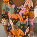 Women's Halloween Black Cat Pumpkin Pattern Casual Print Pullover Sweater