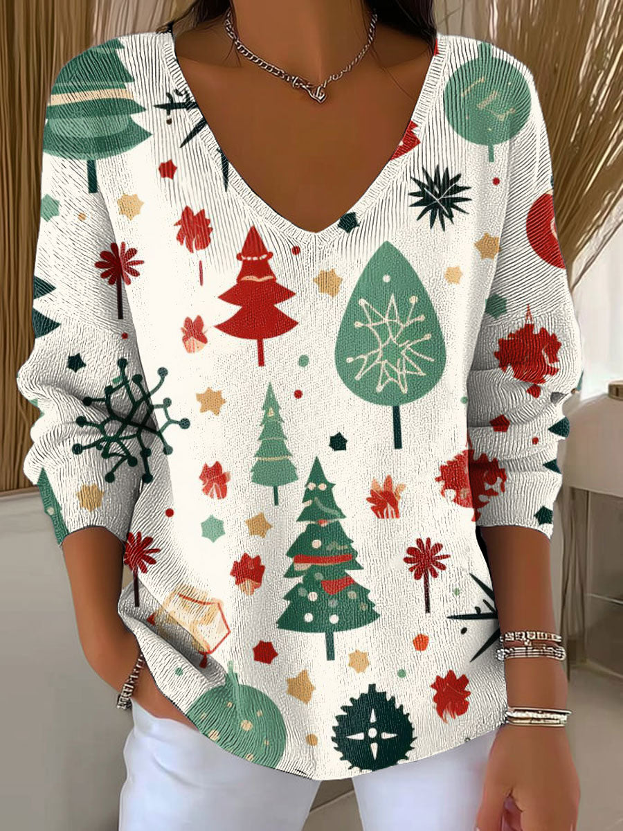Women's Christmas Tree Pattern Print Casual Pullover Sweater