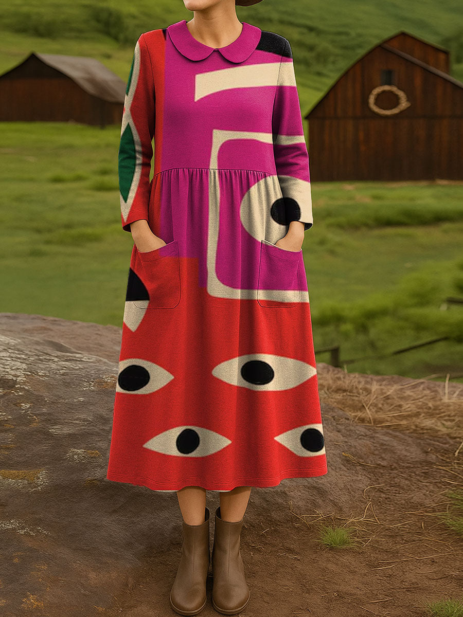 Women's Modern Abstract Art Print Cotton Lapel Button-Down Shirt Dress