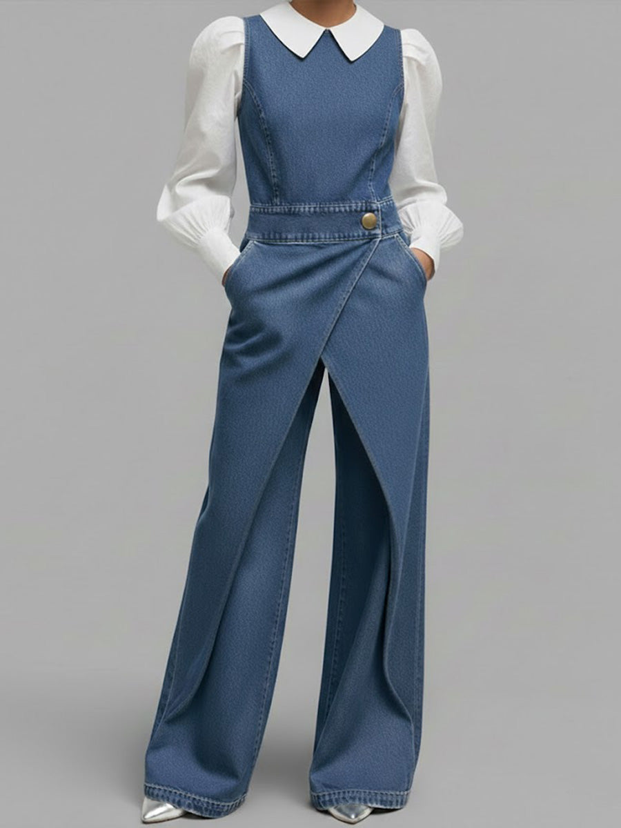 Women's Round Neck Sleeveless Casual Loose Denim Wide-leg Jumpsuit