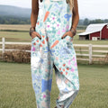 Women's Art Cute Bunny Flower Print Casual 100% Cotton Wide Leg Jumpsuit