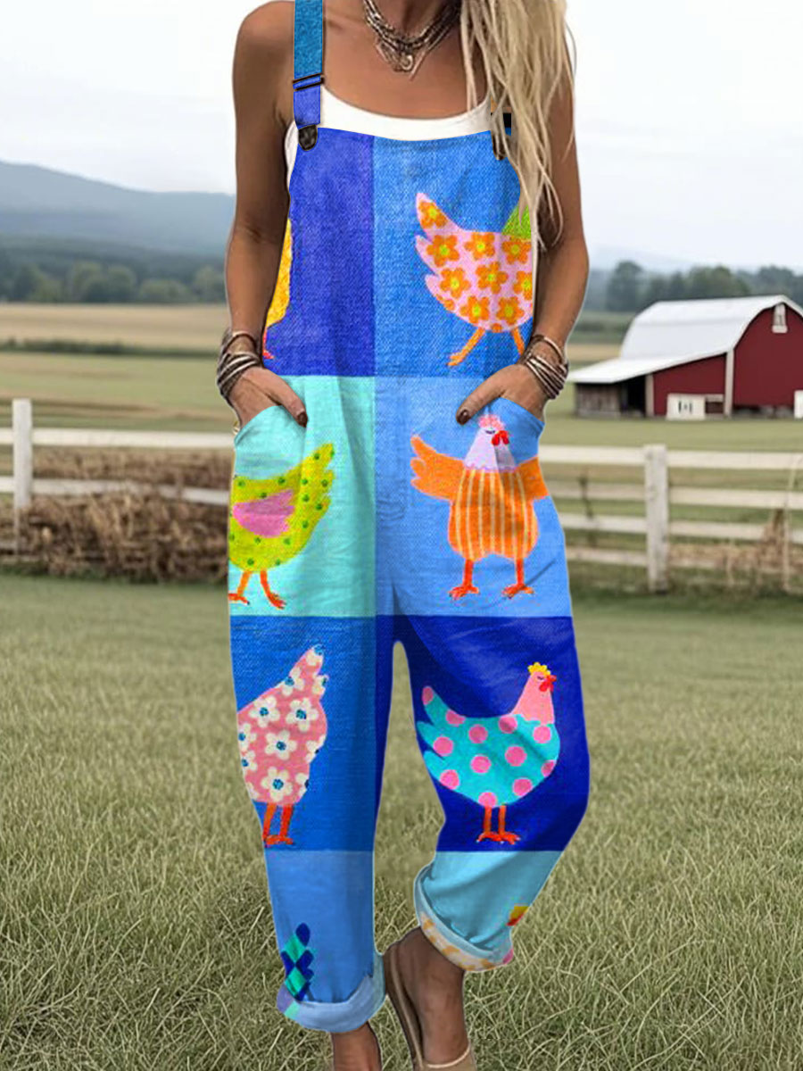 Women's  Funny Chick Art Print Casual 100% Cotton Wide Leg Jumpsuit