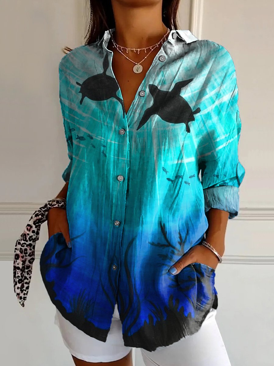 Sea Turtle And Sea Cavern Art Printed Women's Casual Cotton Shirt