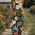 Women's  Vintage Flower Art Print Casual 100% Cotton Wide Leg Jumpsuit