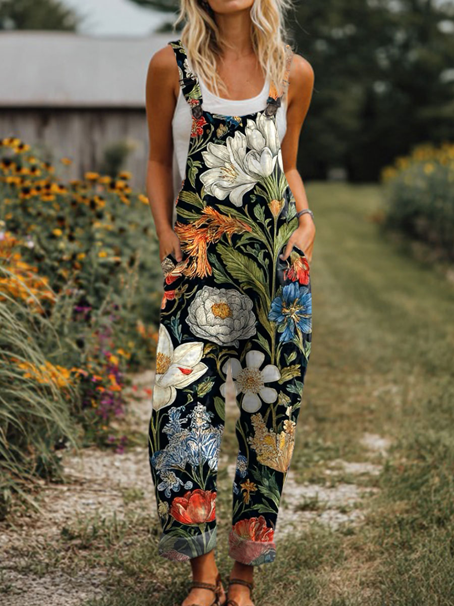 Women's  Vintage Flower Art Print Casual 100% Cotton Wide Leg Jumpsuit