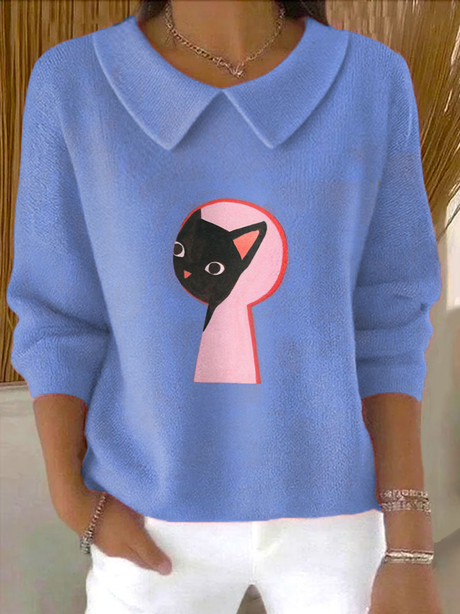 womens-door-lock-cat-pattern-casual-peter-pan-collar-3-4-sleeve-sweater