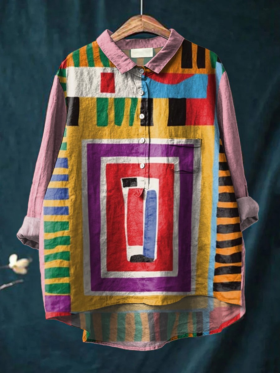 Women's Abstract Print Art Casual Cotton And Linen Shirt