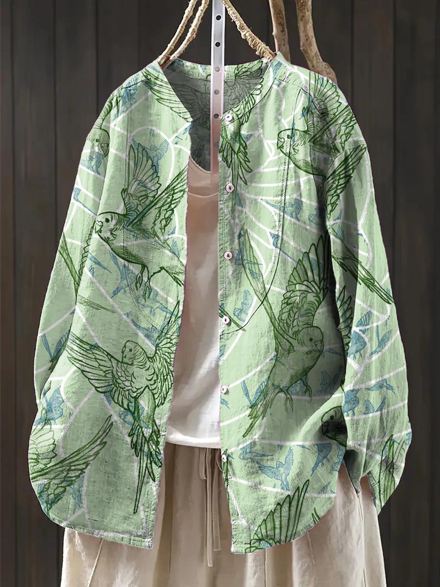 Women's Green Birds Print Casual Cotton And Linen Shirt