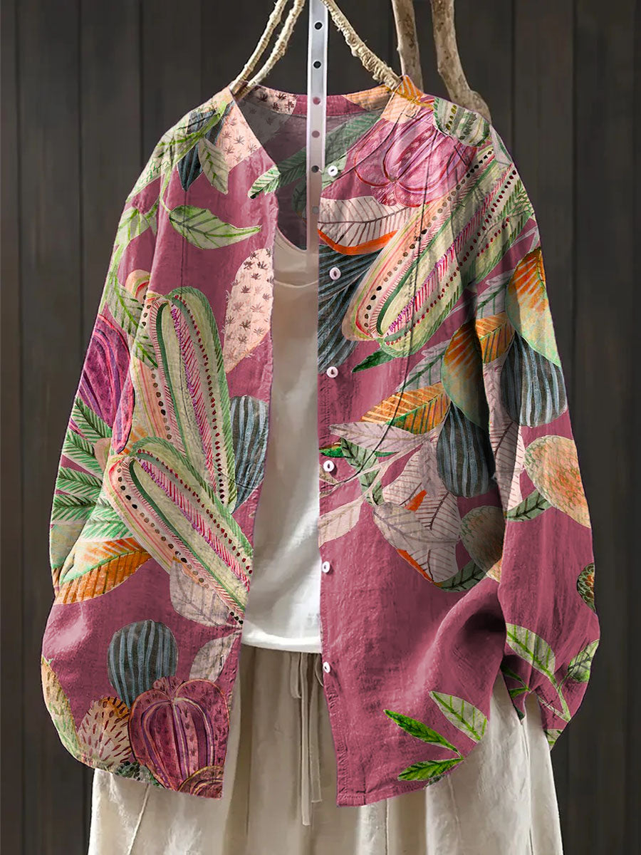Women's Vintage Floral Pattern Art Print Casual Cotton And Linen Shirt