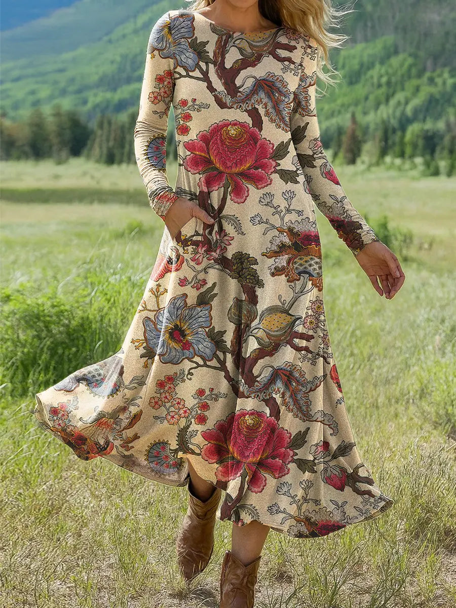 Women's Vintage  Flower Art Print Long-sleeved Dress