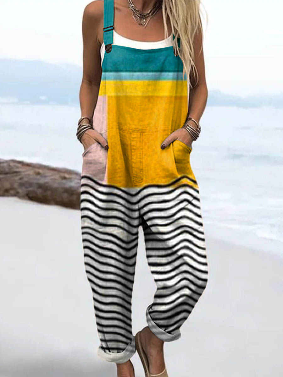 Women's Abstract Geometric Line Pattern Art Print Casual 100% Cotton Wide Leg Jumpsuit