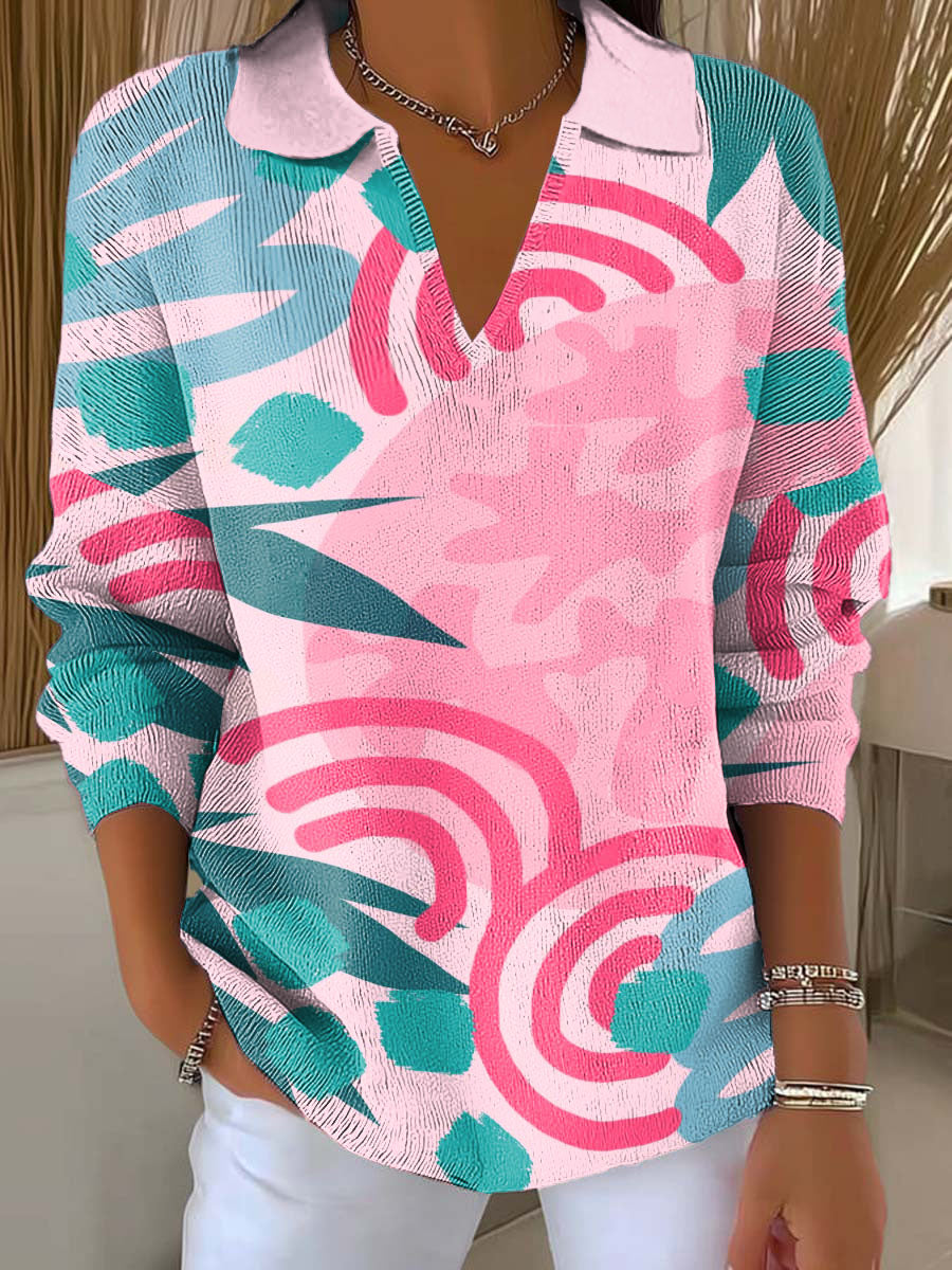 Women's Irregular Line Color Blocks Printed Casual Sweater