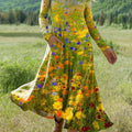 Women's Beautiful Colorful Flower Field Painting Art Print Long-sleeved Dress