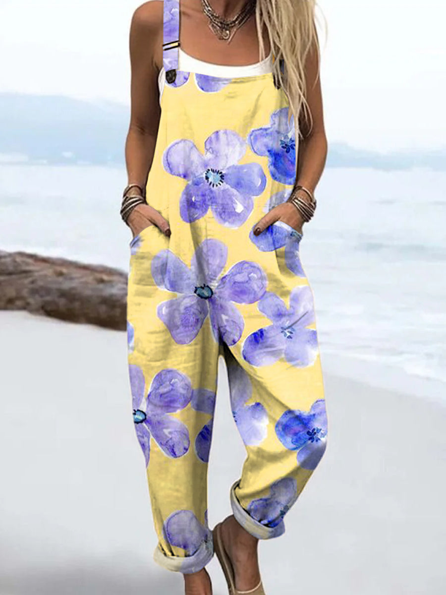 Women's Abstract Colorful Flowers Painting Art Print Casual 100% Cotton Wide Leg Jumpsuit